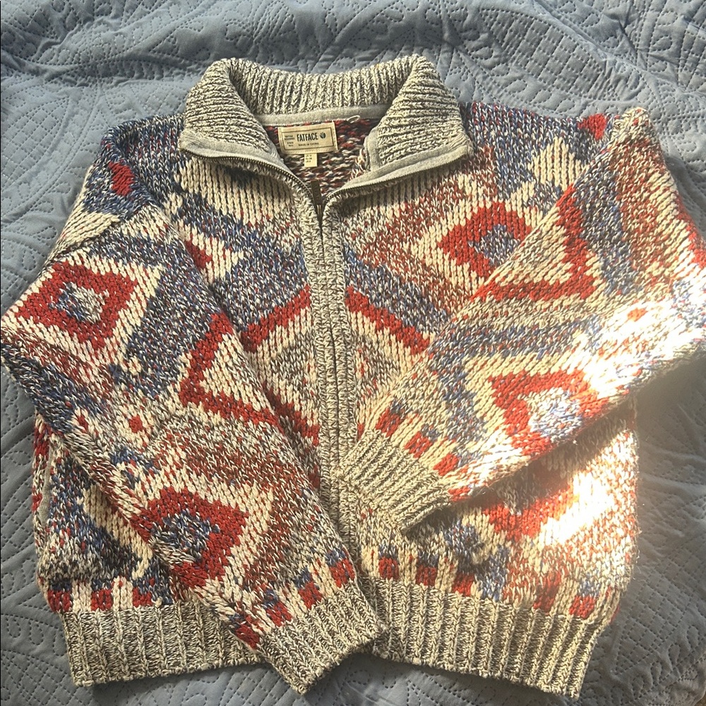 Stylish Women's Geometric Knit Cardigan - Red, Blue, Cream